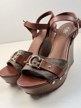Guess GBG Los Angeles Brown Logo Print Platform Wedge Sandals Size 8M